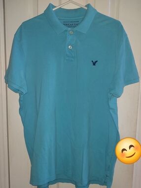 American Eagle Outfitters Men's Aqua Blue Polo with Embroidered Logo